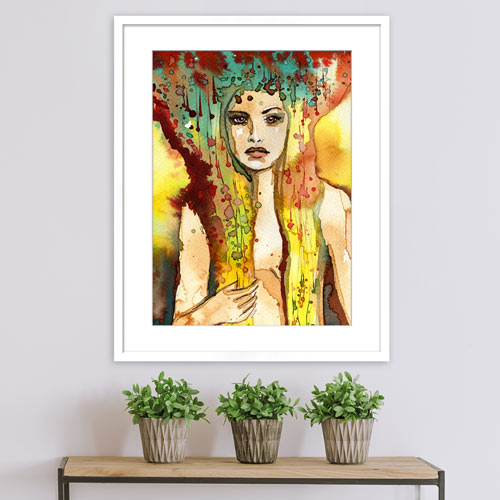 GLD2 framed watercolor paining of woman over console table.