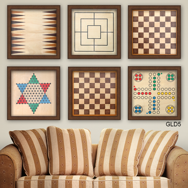 GLD5  frames with vintage board games over sofa.